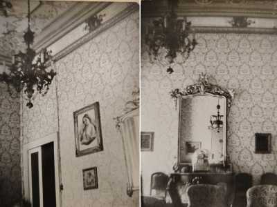 Sono le stesse che vediamo in due immagini degli anni �40-�50, quando il salone era ancora ornato da eleganti lampadari, quadri, carta da parati damascata, sedie e consolle in legno con specchiere dorate